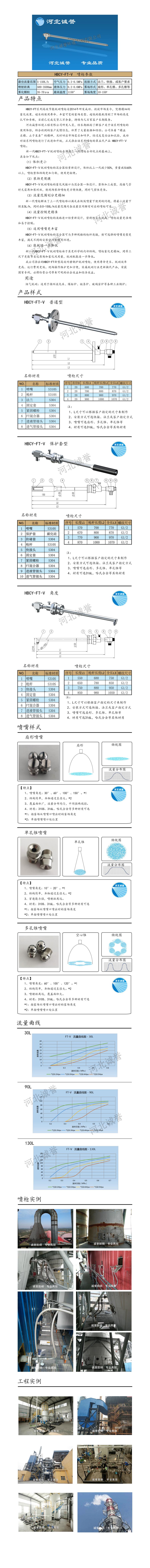 FT-V脫硝噴槍、保護套、噴槍參數、材質尺寸、流量分布圖、扇形空心錐俯視圖介紹，以及噴槍霧化視頻展示和工程案例介紹